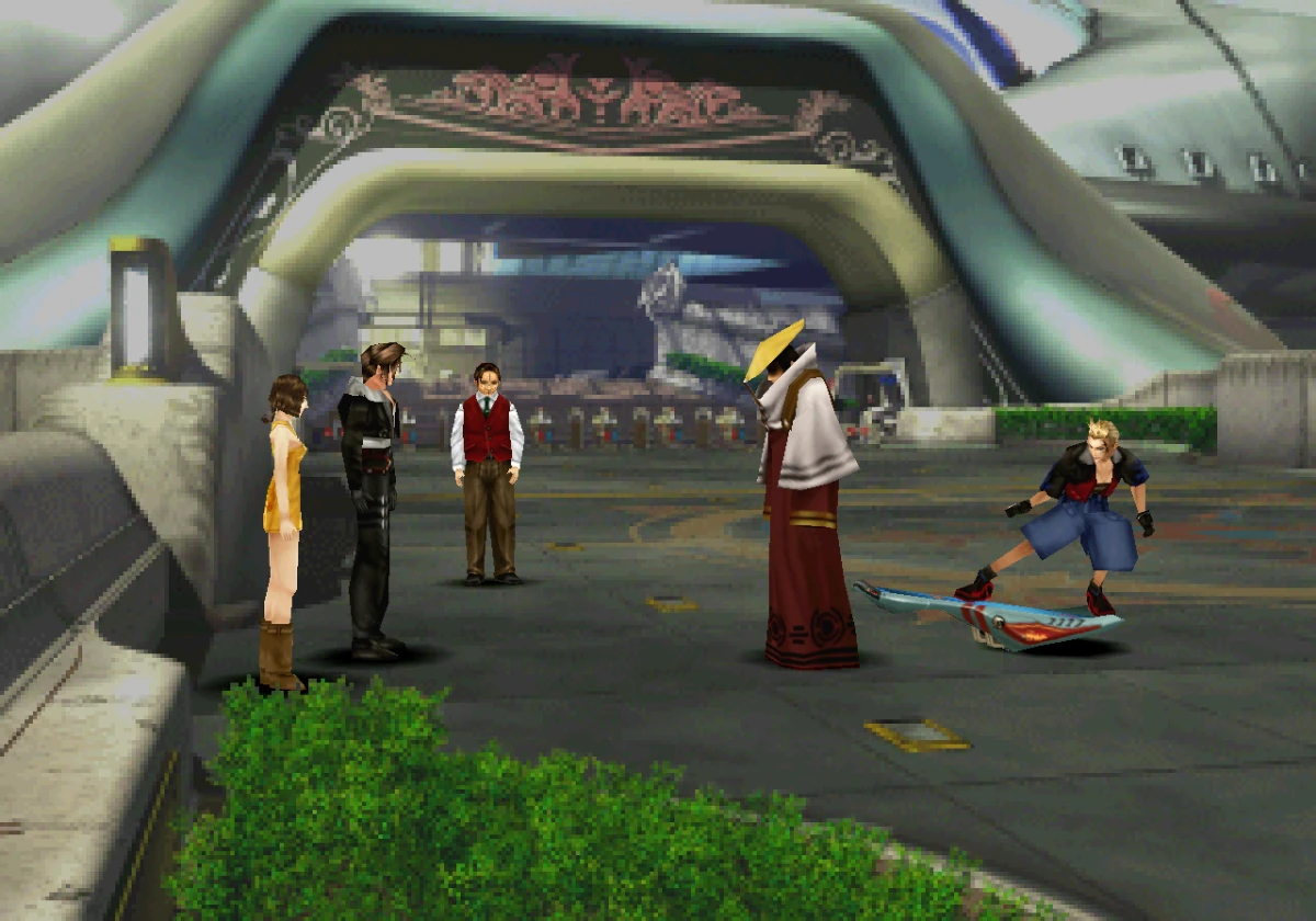 Squall, Selphie and zell at balamb garden yard accepting mission